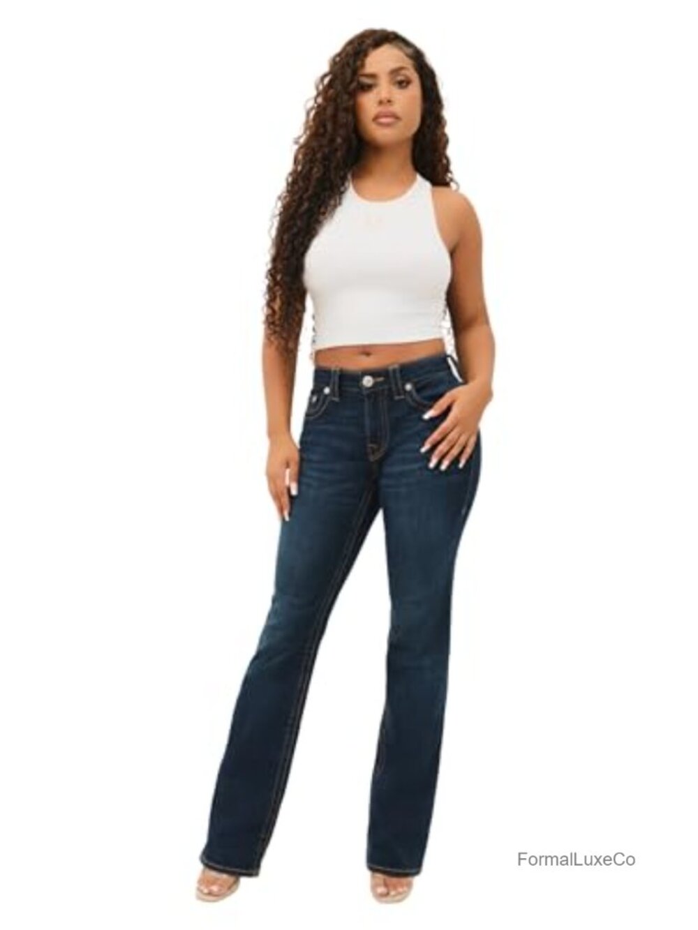 Mid Rise Bootcut Jeans Crystal Flap Pockets Stretch Denim